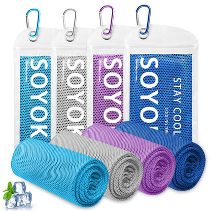 4 Packs Cooling Towel, 40" x 12" Microfiber Cooling Towels for Neck and Face, Soft Breathable Gym Towel for Working Out with Waterproof Bag & Carabiner, Sweat Towels for Running, Yoga, Travel, Climb