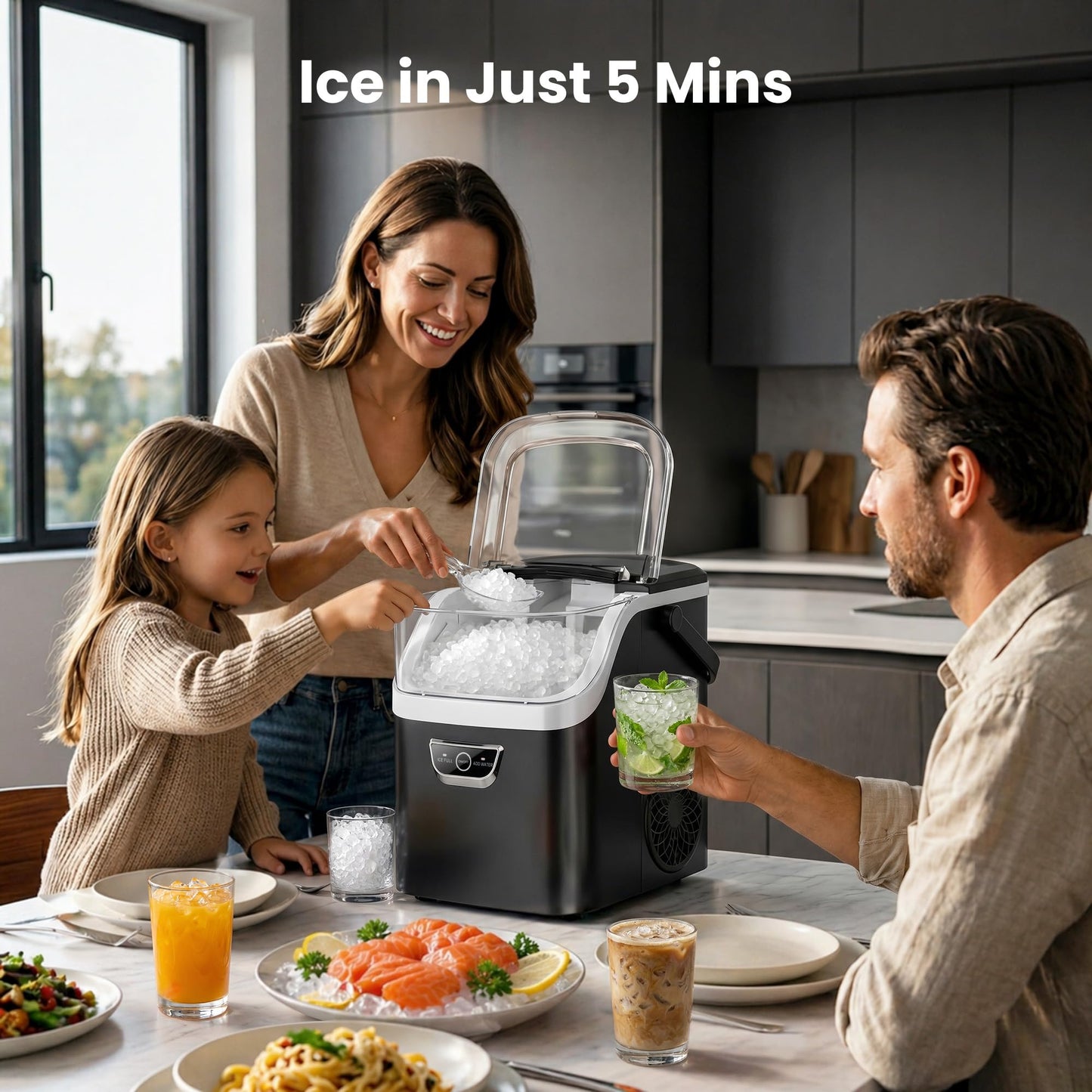 AGLUCKY Nugget Ice Makers Countertop with Handle, Crushed Ice Ready in 5 Mins, 35lbs/Day, Self-Cleaning, Portable Ice Machine with One-Click Operation for Home/Kitchen/Party/RV/Camping