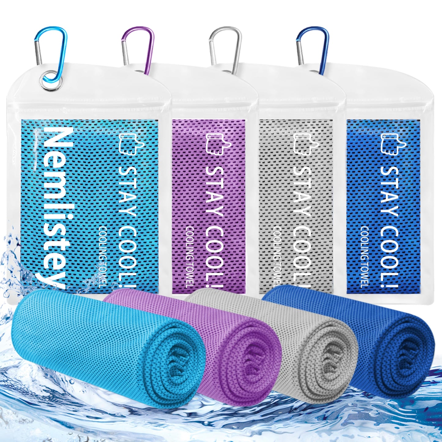 4 Pack Cooling Towels, Soft Breathable Cooling Towels for Neck and Face, Microfiber Gym Towels for Men and Women with Waterproof Bag & Carabiner, Sweat Towel for Yoga, Golf, Hiking, Running