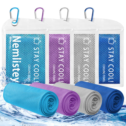 4 Pack Cooling Towels, Soft Breathable Cooling Towels for Neck and Face, Microfiber Gym Towels for Men and Women with Waterproof Bag & Carabiner, Sweat Towel for Yoga, Golf, Hiking, Running