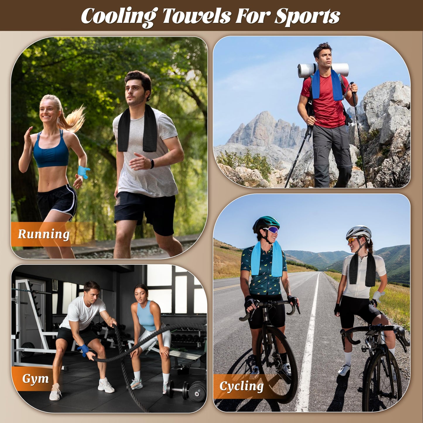 4 Pack Cooling Towels, Soft Breathable Cooling Towels for Neck and Face, Microfiber Gym Towels for Men and Women with Waterproof Bag & Carabiner, Sweat Towel for Yoga, Golf, Hiking, Running