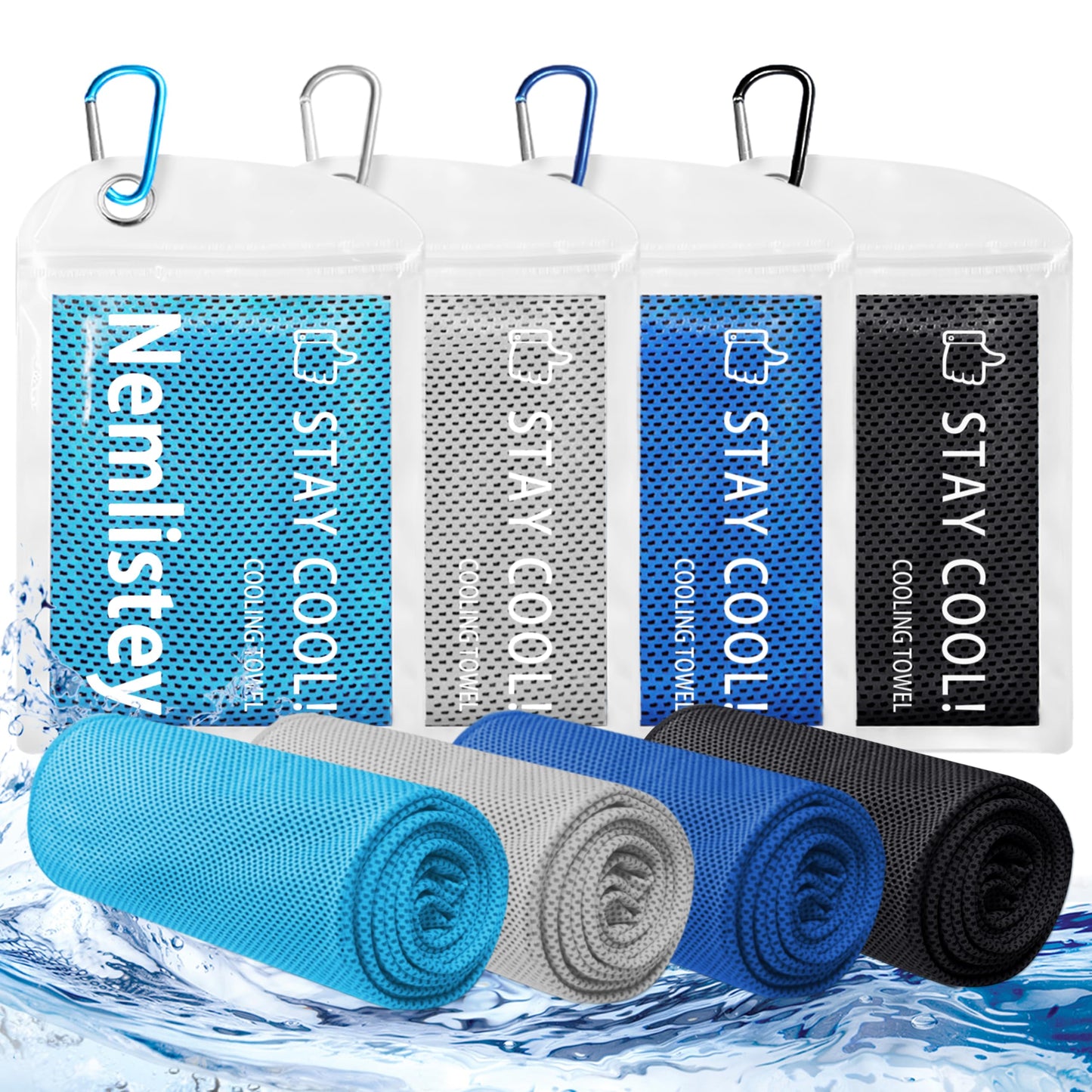 4 Pack Cooling Towels, Soft Breathable Cooling Towels for Neck and Face, Microfiber Gym Towels for Men and Women with Waterproof Bag & Carabiner, Sweat Towel for Yoga, Golf, Hiking, Running