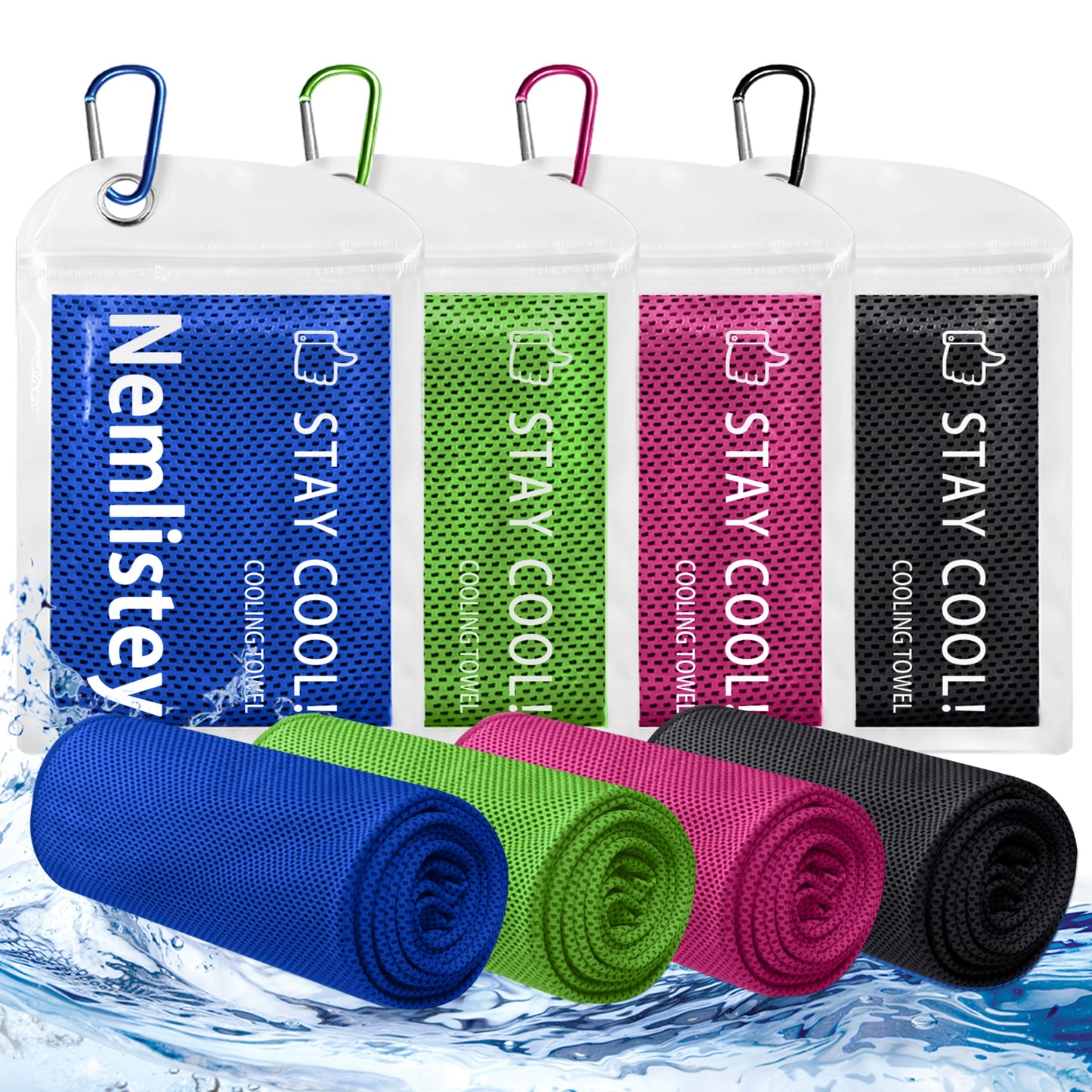4 Pack Cooling Towels, Soft Breathable Cooling Towels for Neck and Face, Microfiber Gym Towels for Men and Women with Waterproof Bag & Carabiner, Sweat Towel for Yoga, Golf, Hiking, Running