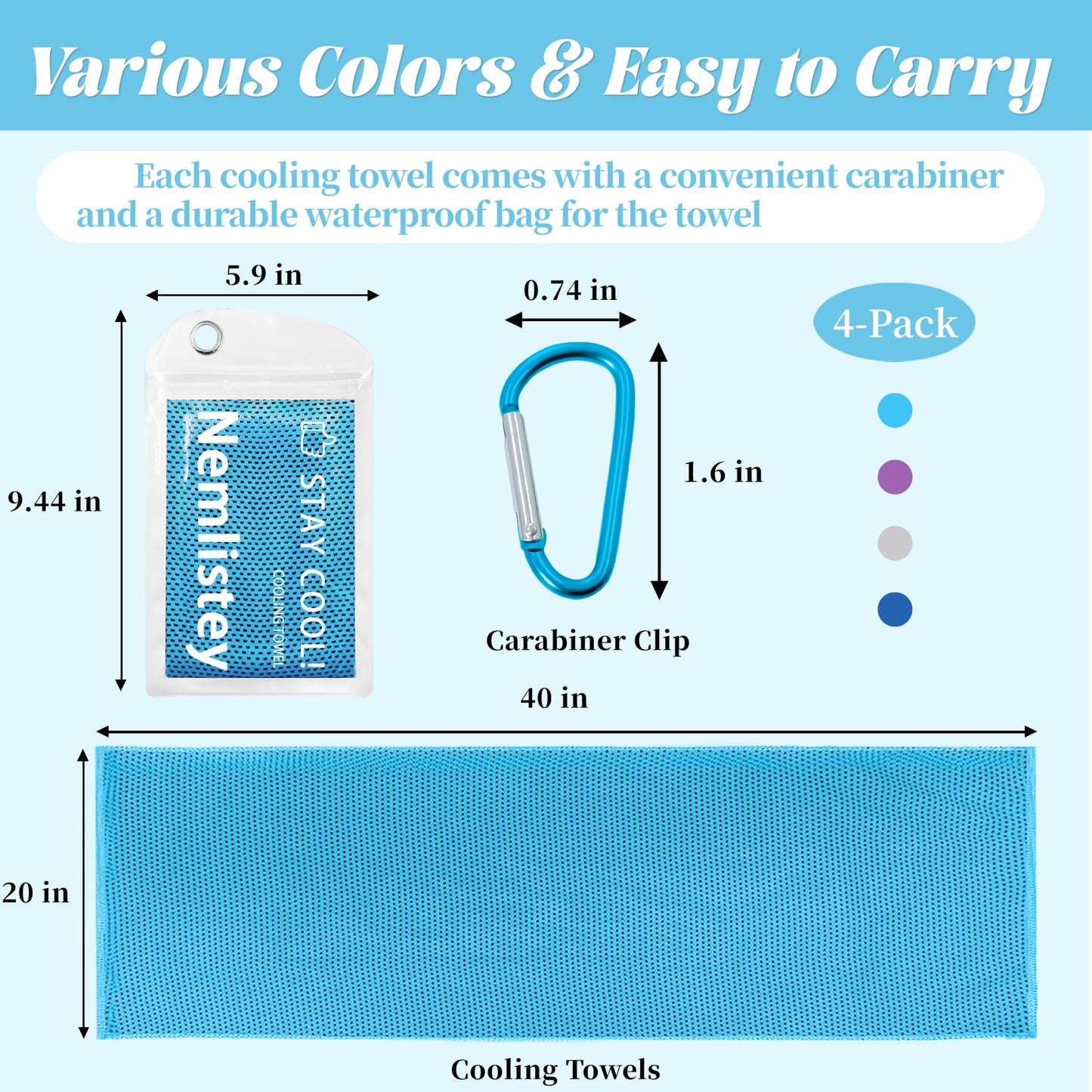 4 Pack Cooling Towels, Soft Breathable Cooling Towels for Neck and Face, Microfiber Gym Towels for Men and Women with Waterproof Bag & Carabiner, Sweat Towel for Yoga, Golf, Hiking, Running