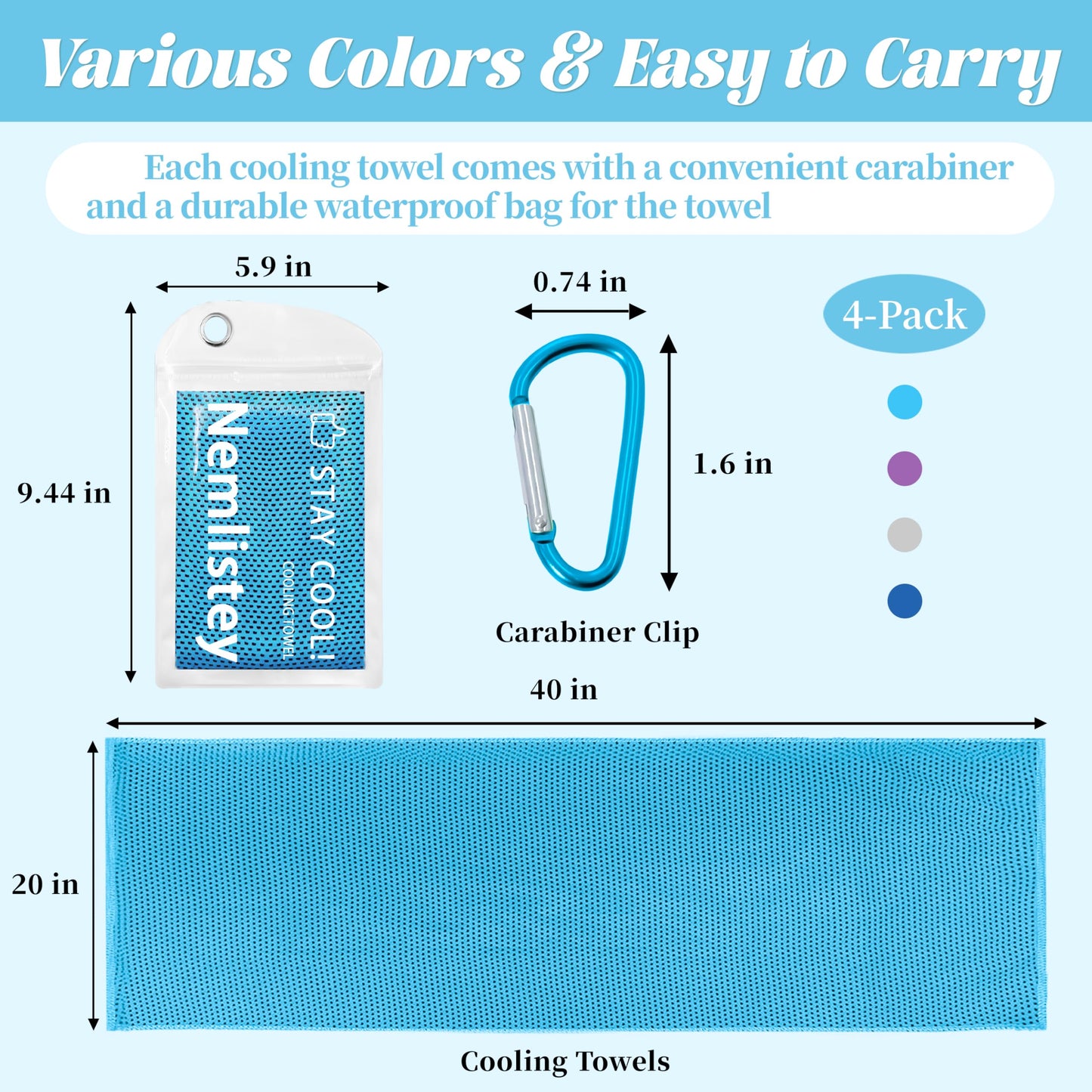 4 Pack Cooling Towels, Soft Breathable Cooling Towels for Neck and Face, Microfiber Gym Towels for Men and Women with Waterproof Bag & Carabiner, Sweat Towel for Yoga, Golf, Hiking, Running