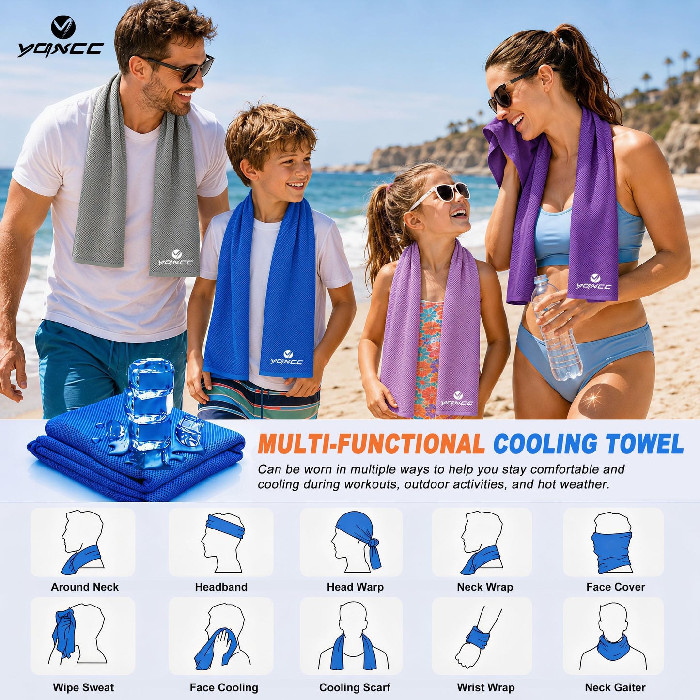 YQXCC 4 Pack Cooling Towels (47"x12"), Ice Cool Neck Towel, Soft Breathable Microfiber for Yoga, Golf, Gym, Running, Camping & Hot Weather