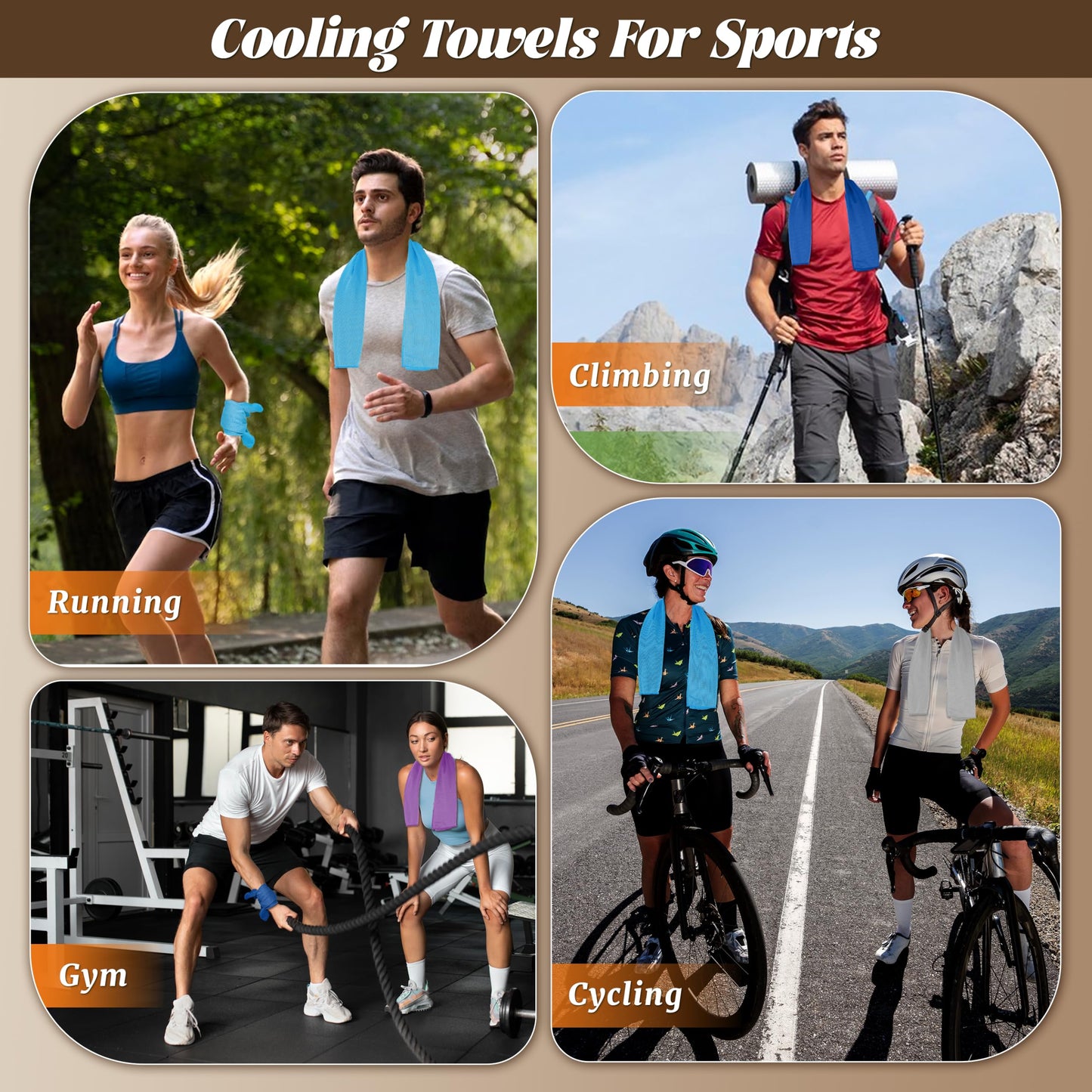 4 Pack Cooling Towels, Soft Breathable Cooling Towels for Neck and Face, Microfiber Gym Towels for Men and Women with Waterproof Bag & Carabiner, Sweat Towel for Yoga, Golf, Hiking, Running