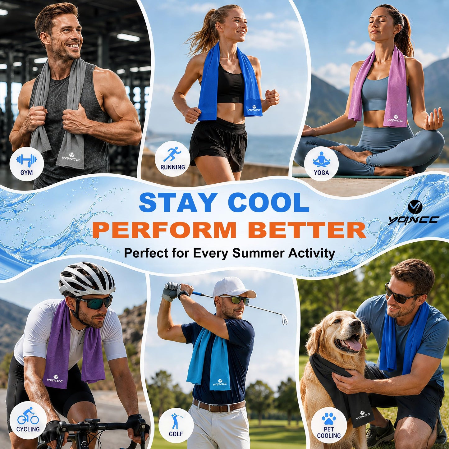 YQXCC 4 Pack Cooling Towels (47"x12"), Ice Cool Neck Towel, Soft Breathable Microfiber for Yoga, Golf, Gym, Running, Camping & Hot Weather