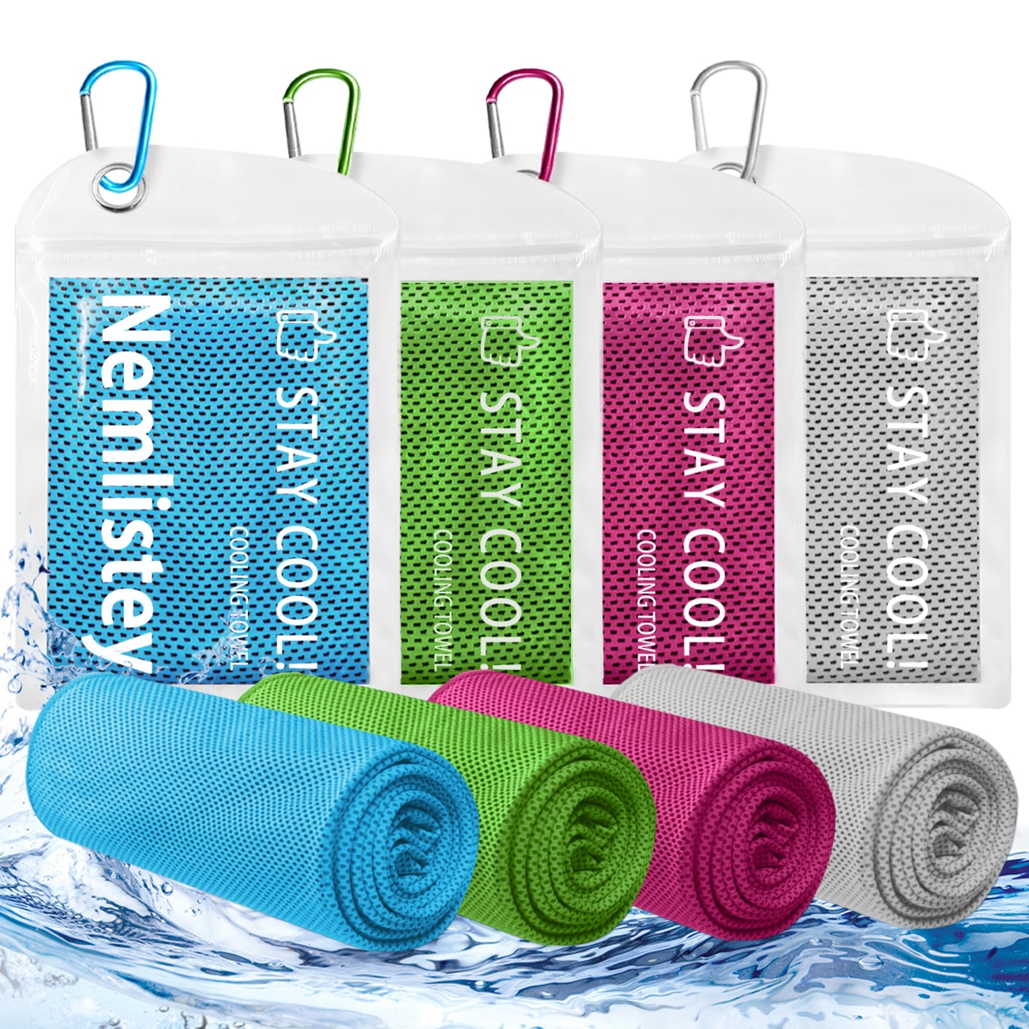 4 Pack Cooling Towels, Soft Breathable Cooling Towels for Neck and Face, Microfiber Gym Towels for Men and Women with Waterproof Bag & Carabiner, Sweat Towel for Yoga, Golf, Hiking, Running