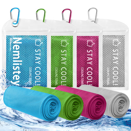 4 Pack Cooling Towels, Soft Breathable Cooling Towels for Neck and Face, Microfiber Gym Towels for Men and Women with Waterproof Bag & Carabiner, Sweat Towel for Yoga, Golf, Hiking, Running